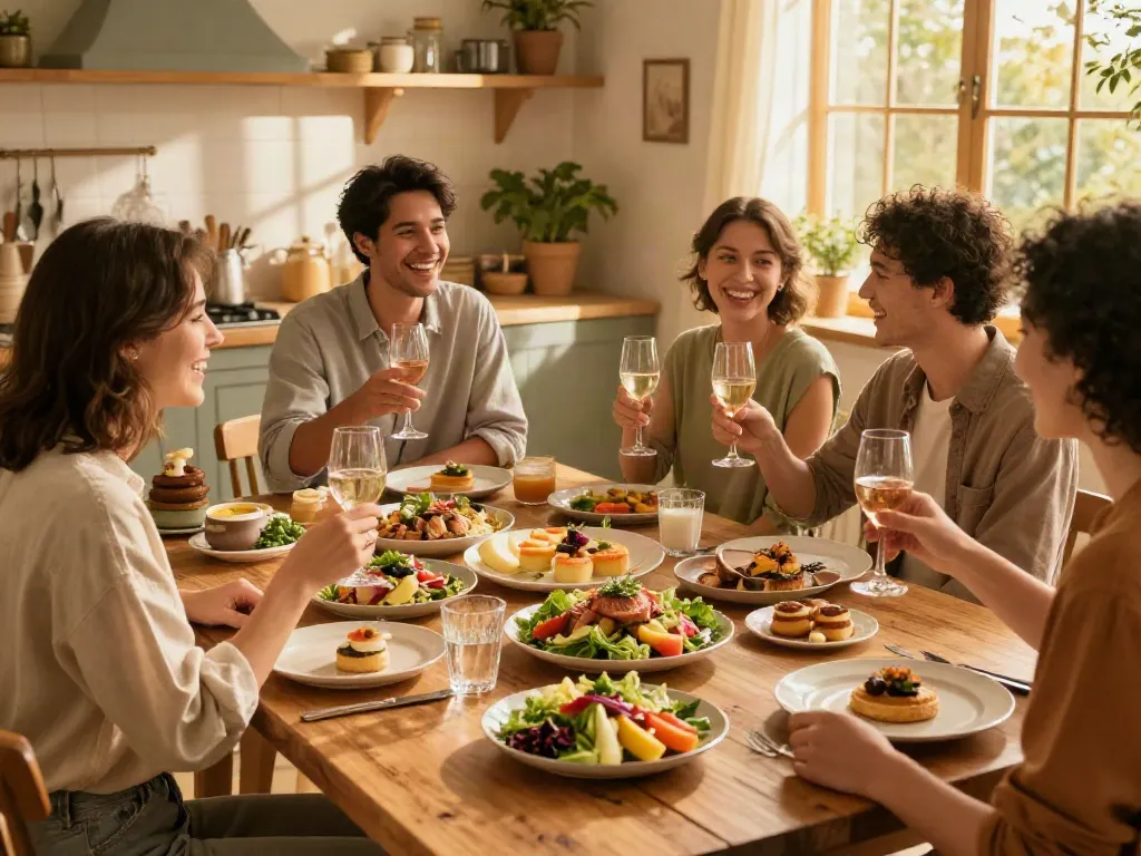 Fresh gourmet dishes from ROKOK88 on a beautifully set dining table with friends enjoying their meal.