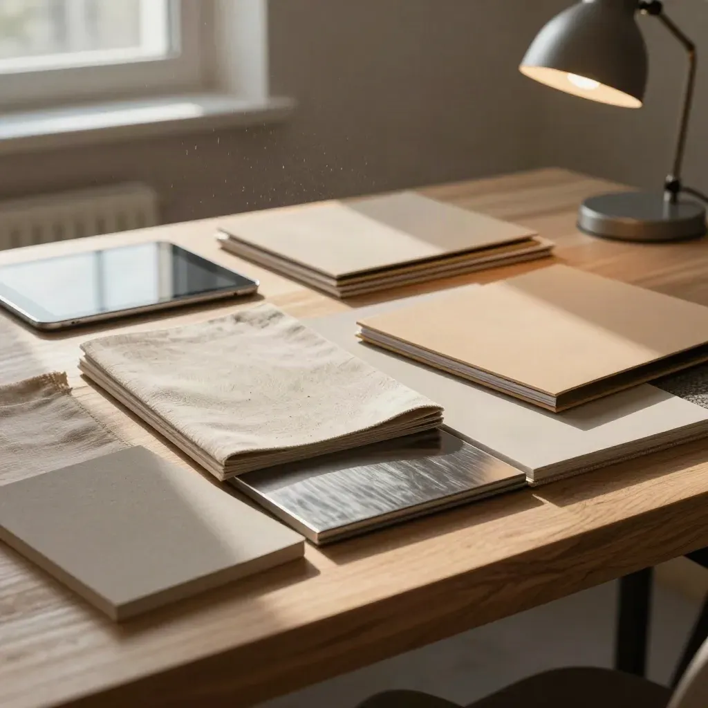 Banco di lavoro condiviso con campioni materiali, cartelle chiuse e tablet inclinato, luce polverosa.