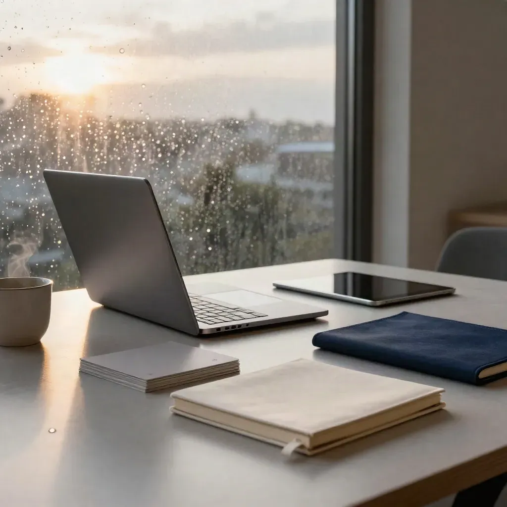 Hub di collaborazione con laptop e tablet su tavolo chiaro, luce dell’alba dopo la pioggia.