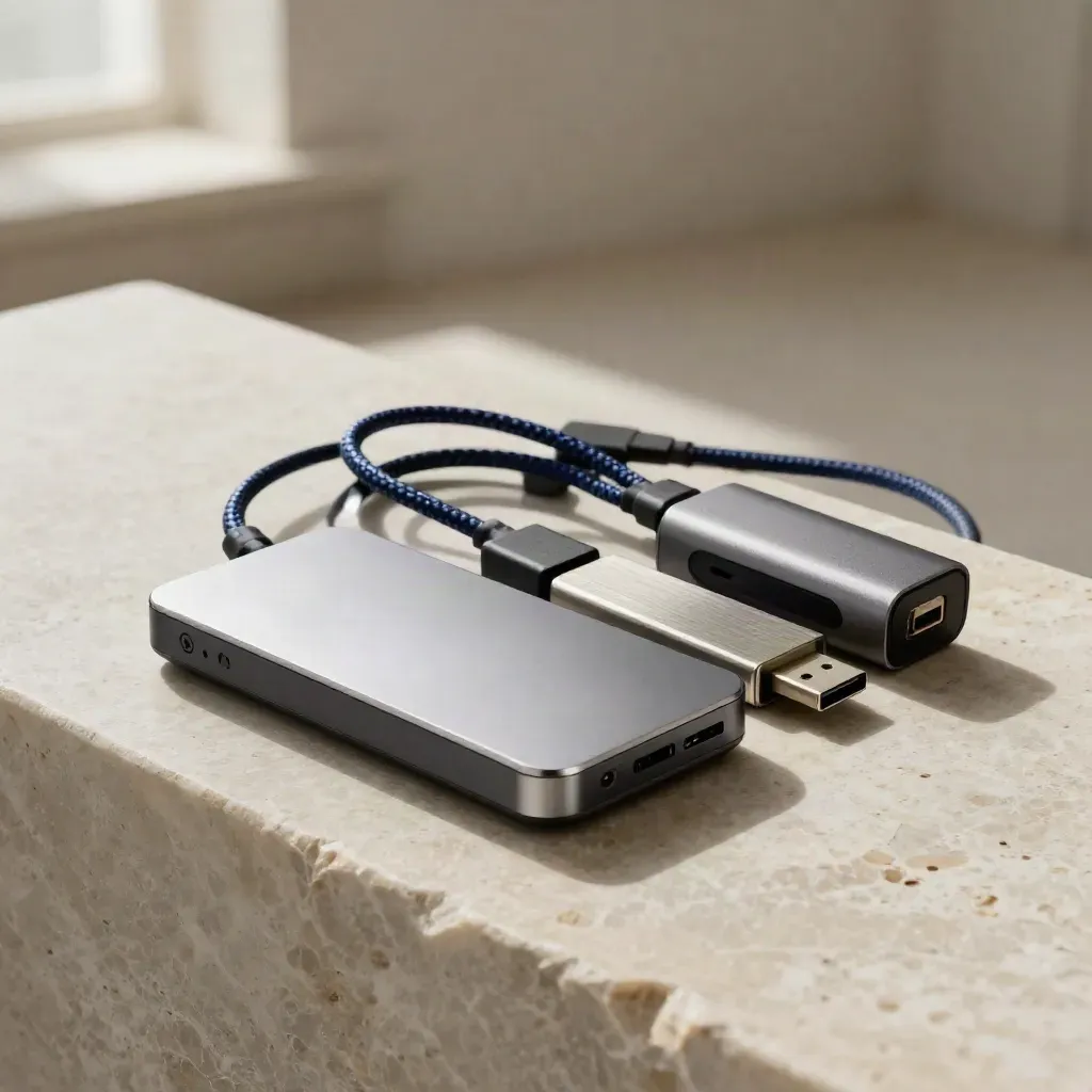 Disco esterno, chiavette USB, hub USB-C e cavo intrecciato su pietra chiara, luce calda.