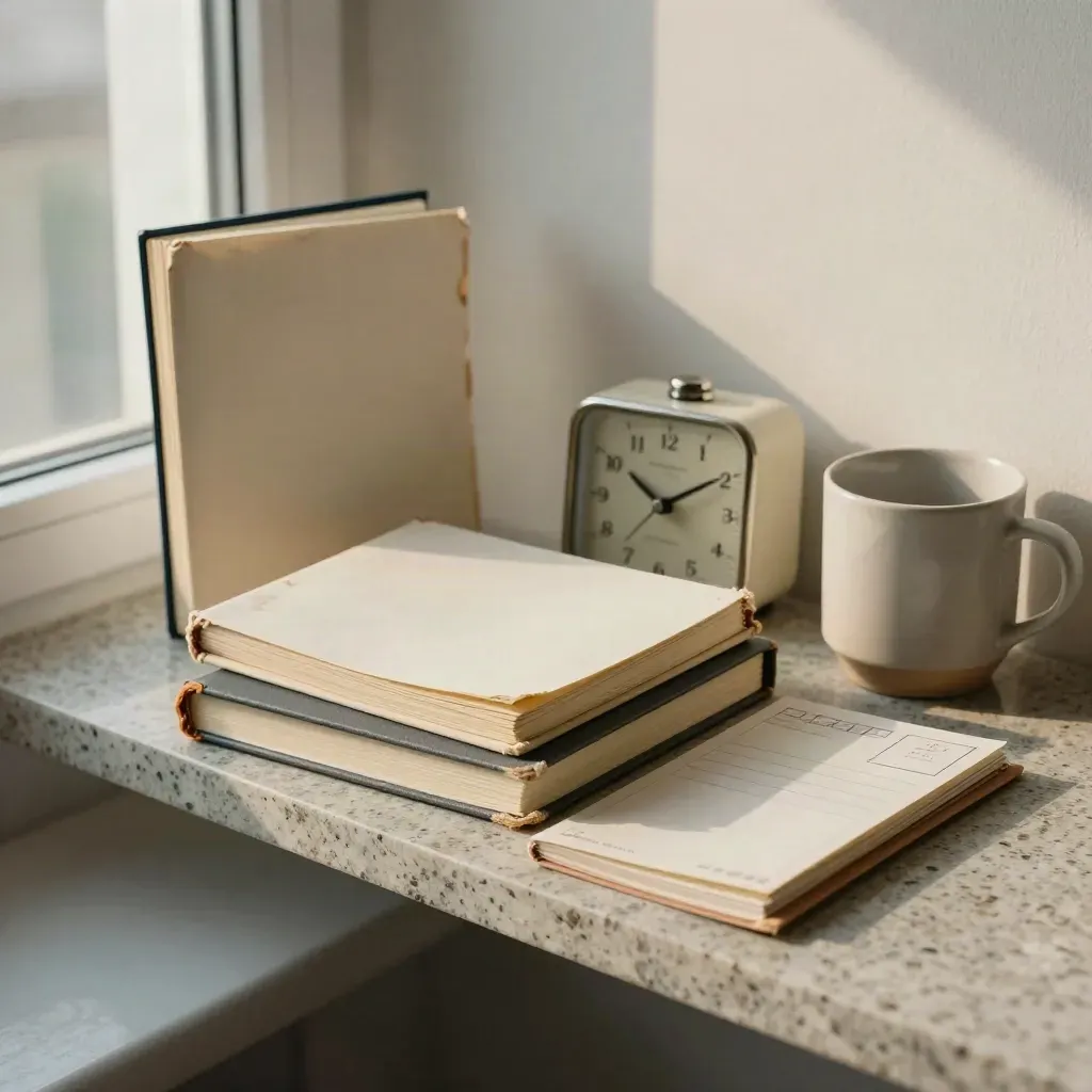 Tre quaderni consumati, cartolina vuota, timer analogico e tazza opaca su una mensola di travertino.