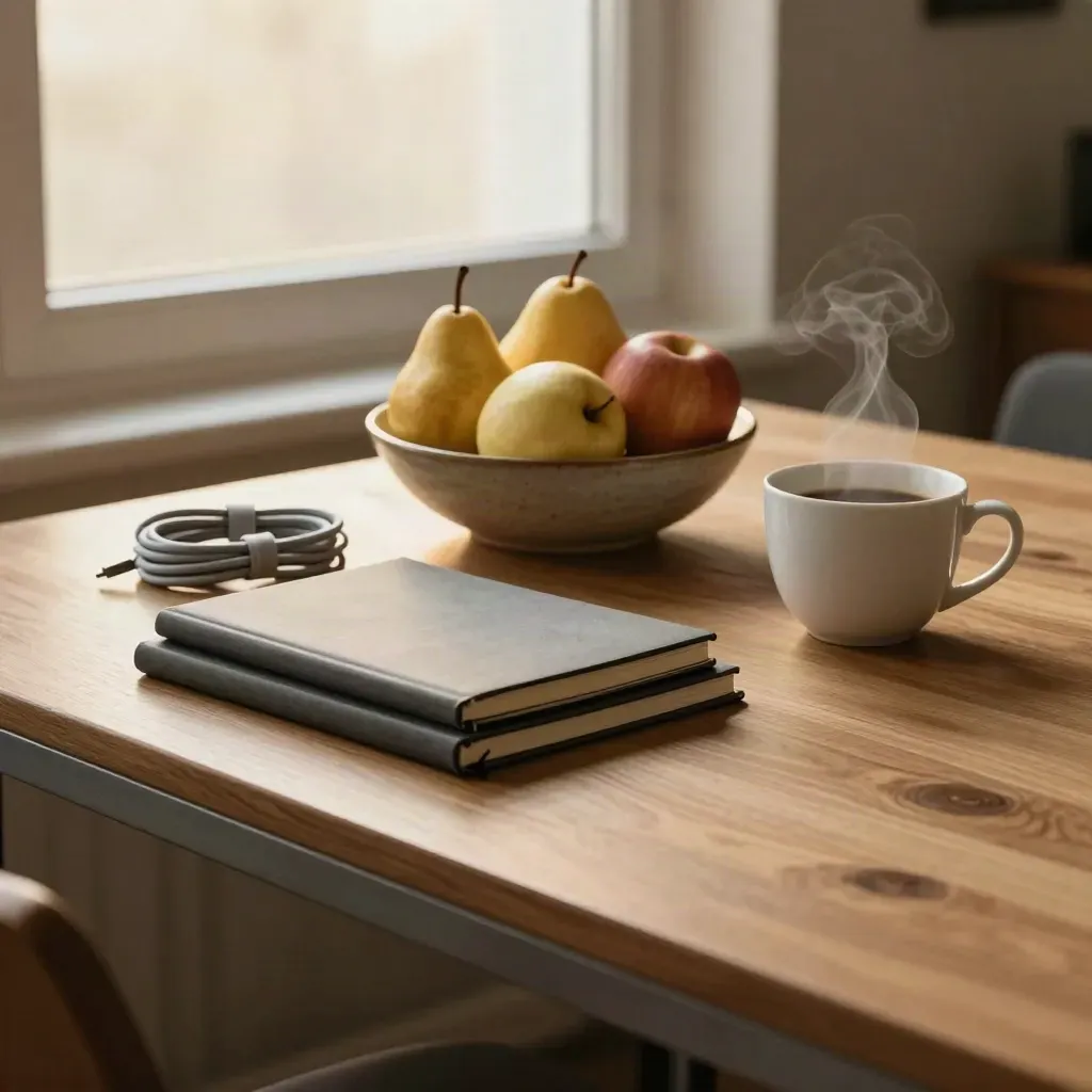 sala riunioni informale con notebook chiusi, frutta, cavi raccolti e tazza con vapore