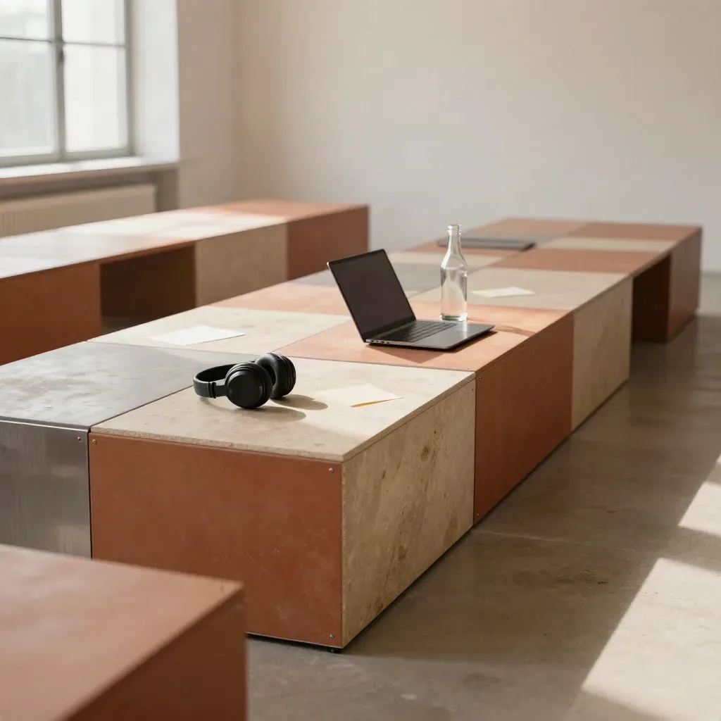 Banco collaborativo con laptop chiuso, cuffie e bottiglia di vetro in uno spazio luminoso.