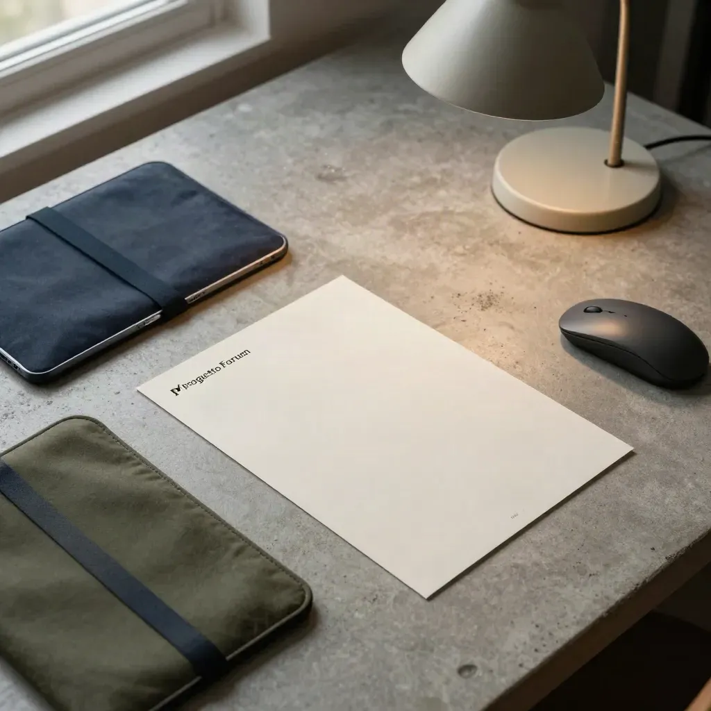 Tavolo operativo con due tablet spenti, prototipi cartacei, mouse e lampada spenta.