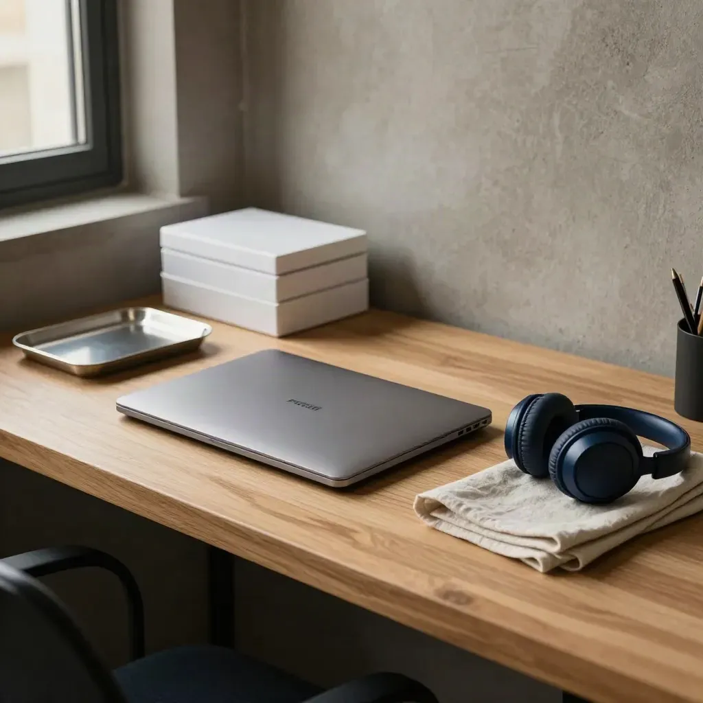 Workspace professionale con laptop chiuso, vaschetta metallica, custodie bianche e cuffie in luce calda