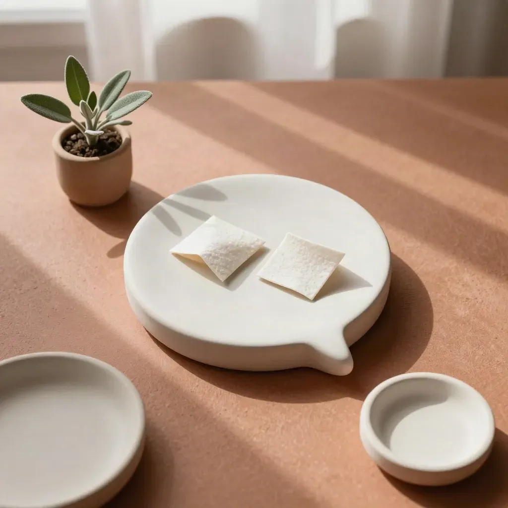 Fermaparte a fumetto in ceramica con schede piegate, piantina e piattino su fondo terracotta.